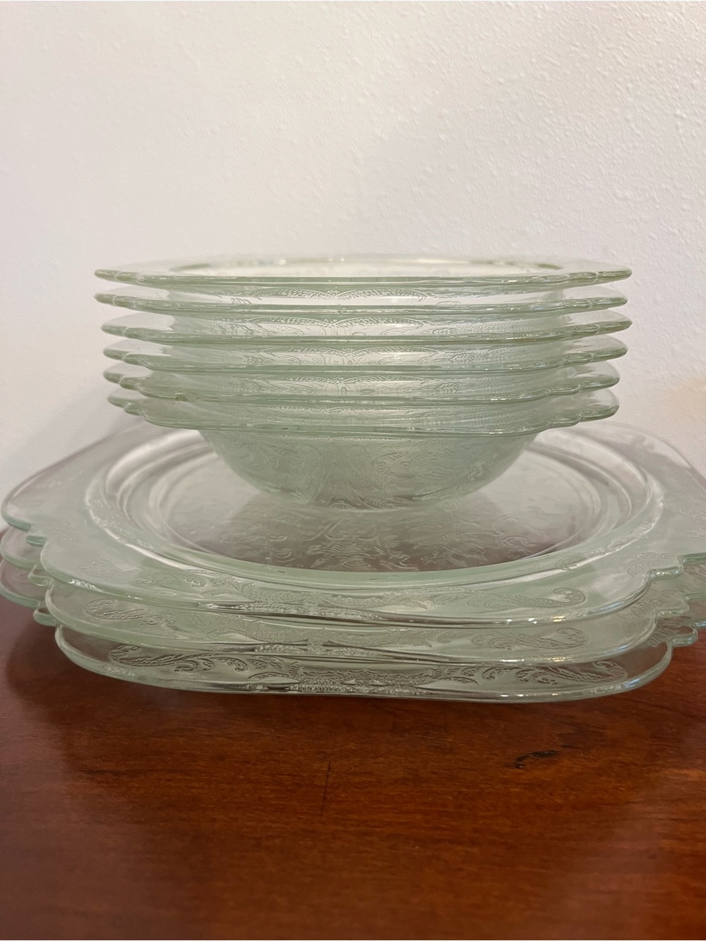 Pale Green Etched Glass Dinnerware Set - Stackable Plates & Bowls
